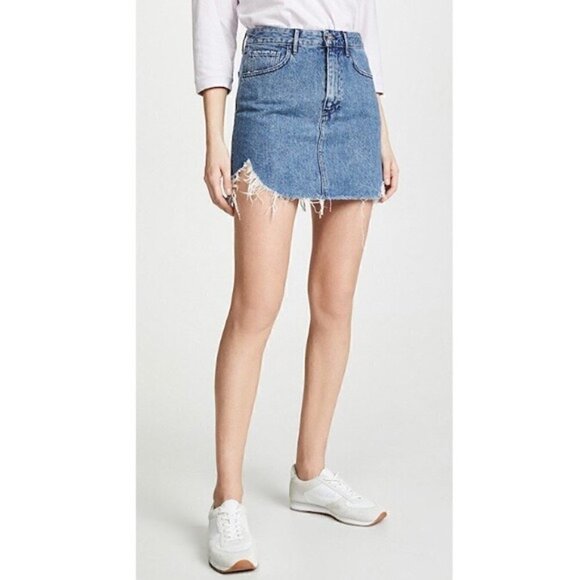 3x1 NYC Celine Denim Mini Skirt 0 Distressed Italian A-Line Gloss Blue Spring - Picture 4 of 13